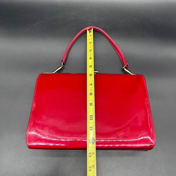 Vintage Cherry Red Patent Leather Handbag Purse Mid Century Gold 60s Top Handle - Picture 12 of 14